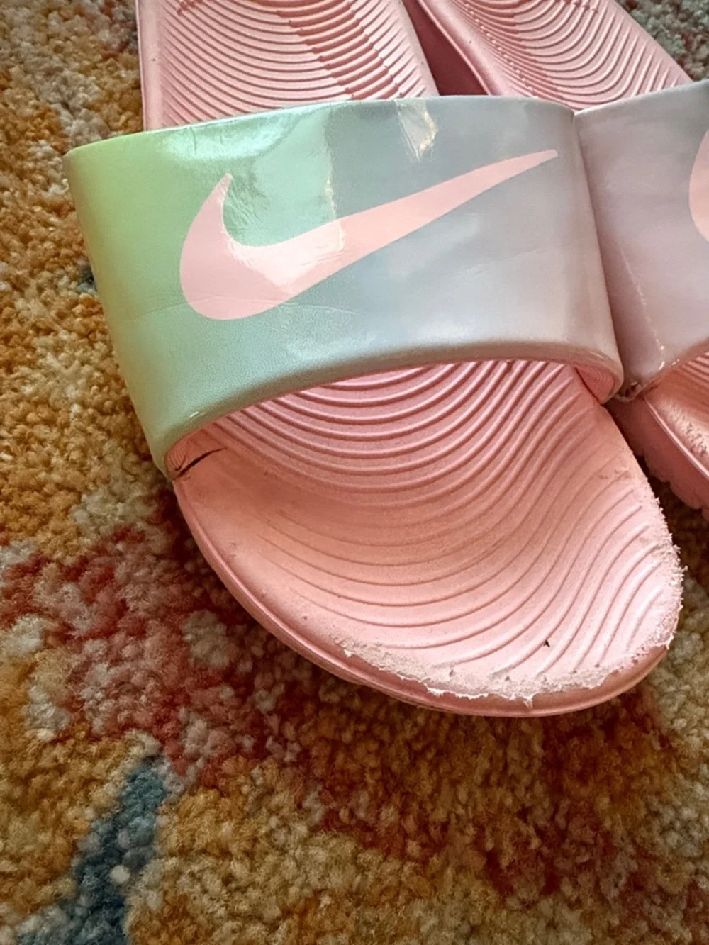 Nike 5Y Well-loved Pastel Pink and Iridescent Slide Sandals